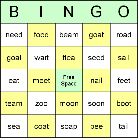 Vowel Digraph Bingo Card